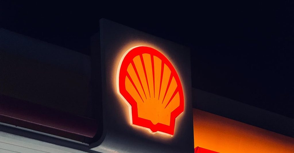 Illuminated Shell gas station sign captured at night in Bengaluru, India.
